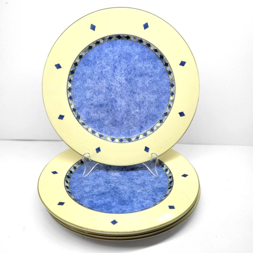 Royal Doulton "Carmina" Set Of 4 Blue Center Yellow Rim 11" Dinner Plates GUC